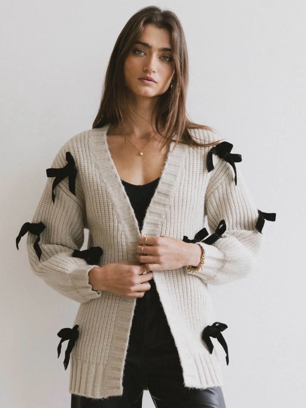 Bohme Ellery Velvet Bow Knit Cardigan Cream Black XS